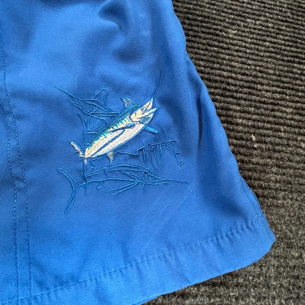Guy Harvey AFTCO Mens Blue Marlin Embroidered Swim Trunks Mesh Lined Shorts M